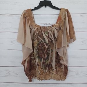 L.A. Blues Earthy Green Square Neckline Flutter Sleeve Blouse Shirt Top